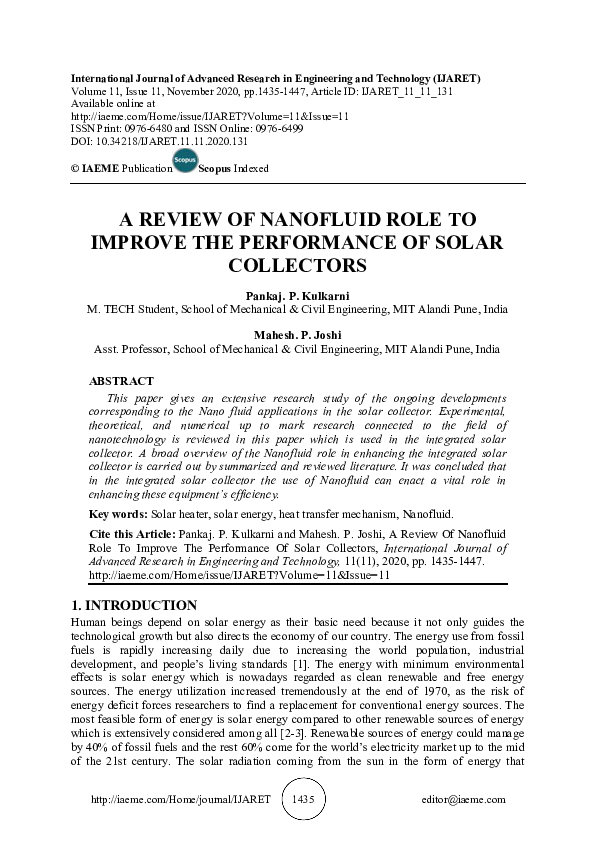 (PDF) A REVIEW OF NANOFLUID ROLE TO IMPROVE THE PERFORMANCE OF SOLAR ...