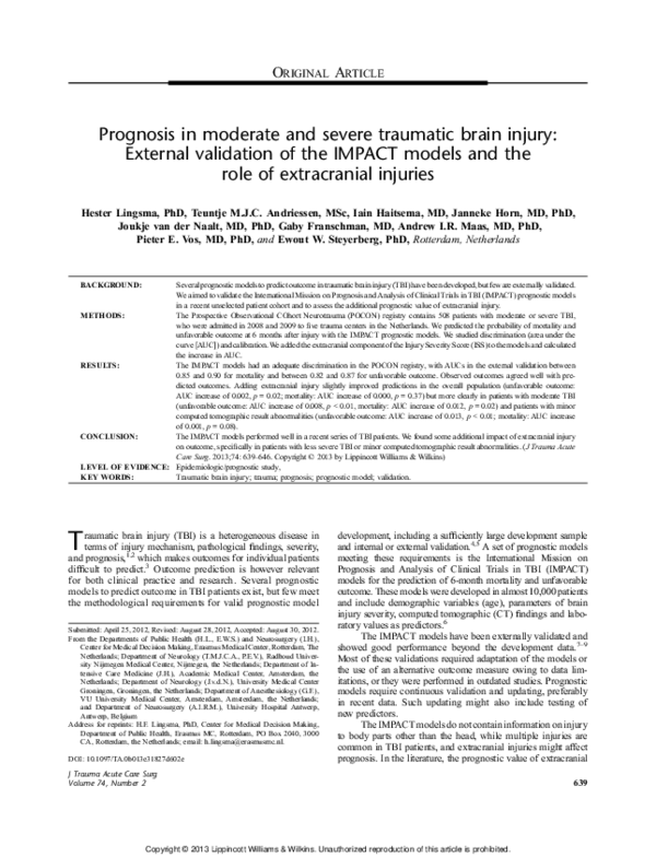 (PDF) Prognosis in moderate and severe traumatic brain injury