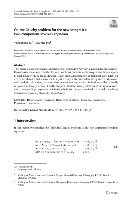 (PDF) On the Cauchy problem for the new integrable two-component ...