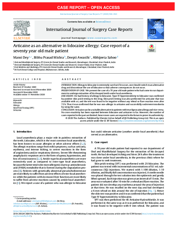 (PDF) Articaineasan Alternativein Lidocaine Allergy Case Report