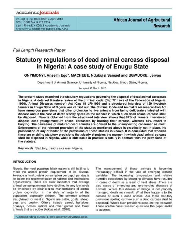 (PDF) Statutory Regulations of Dead Animal Carcass Disposal in Nigeria
