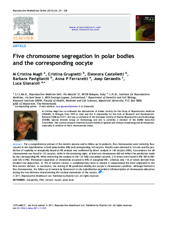 (PDF) Five chromosome segregation in polar bodies and the corresponding ...