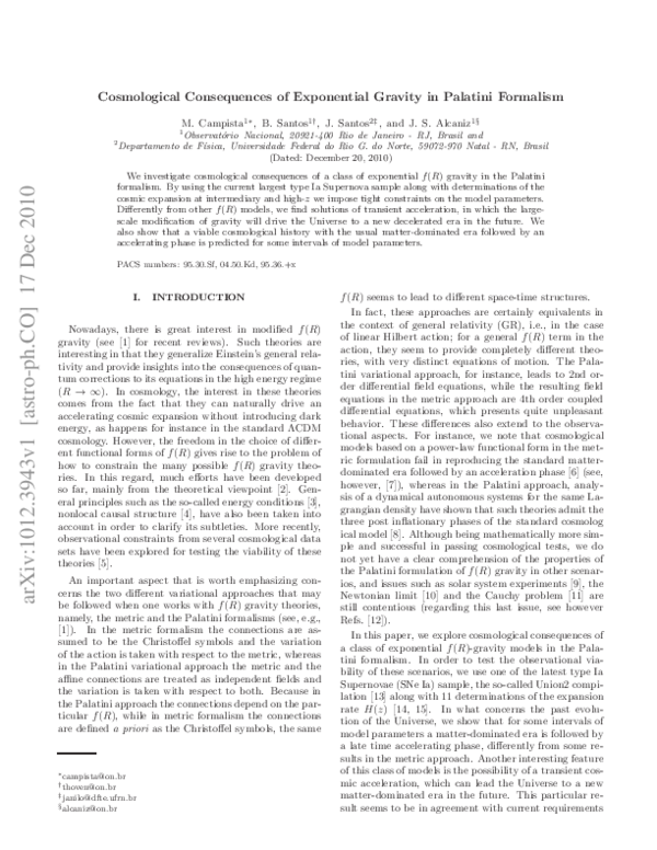 (PDF) Cosmological consequences of exponential gravity in Palatini ...
