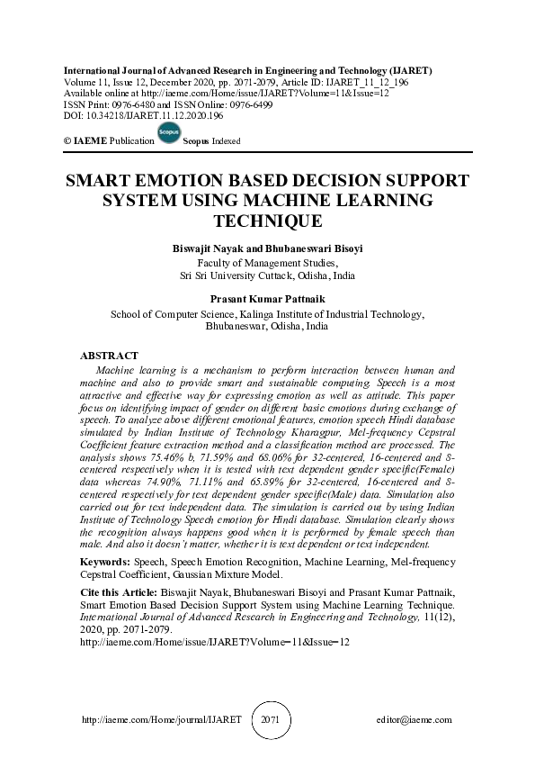 (PDF) SMART EMOTION BASED DECISION SUPPORT SYSTEM USING MACHINE ...