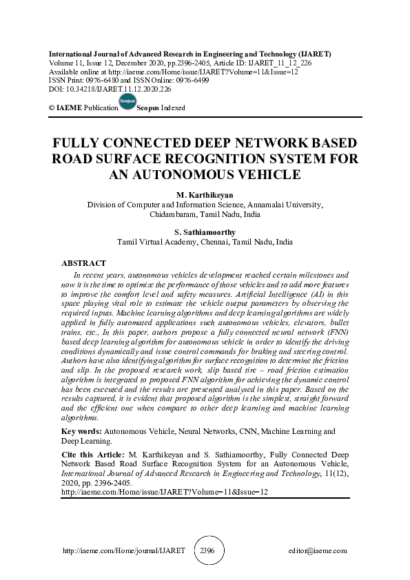 (PDF) FULLY CONNECTED DEEP NETWORK BASED ROAD SURFACE RECOGNITION ...