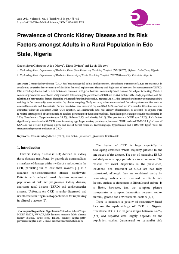 (PDF) Prevalence of chronic kidney disease and its risk factors amongst ...