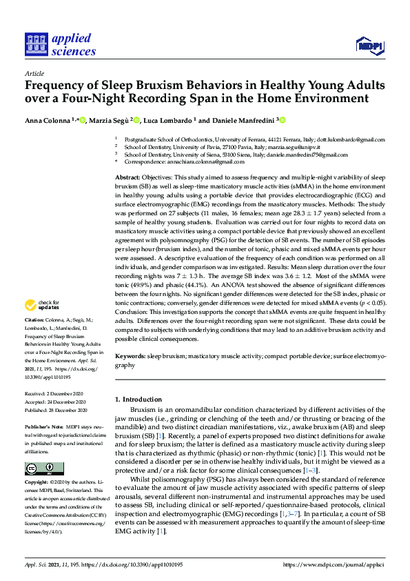 (PDF) Frequency of Sleep Bruxism Behaviors in Healthy Young Adults over ...