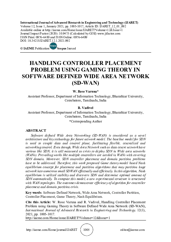 (PDF) HANDLING CONTROLLER PLACEMENT PROBLEM USING GAMING THEORY IN ...