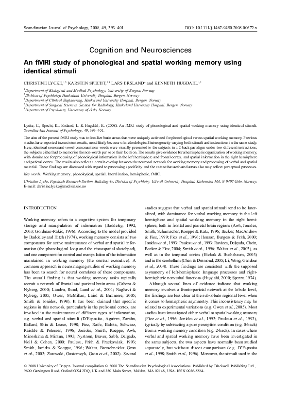 (PDF) An fMRI study of phonological and spatial working memory using ...