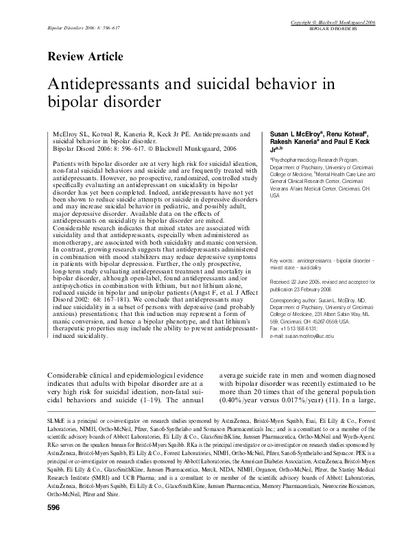 (PDF) Antidepressants and suicidal behavior in bipolar disorder