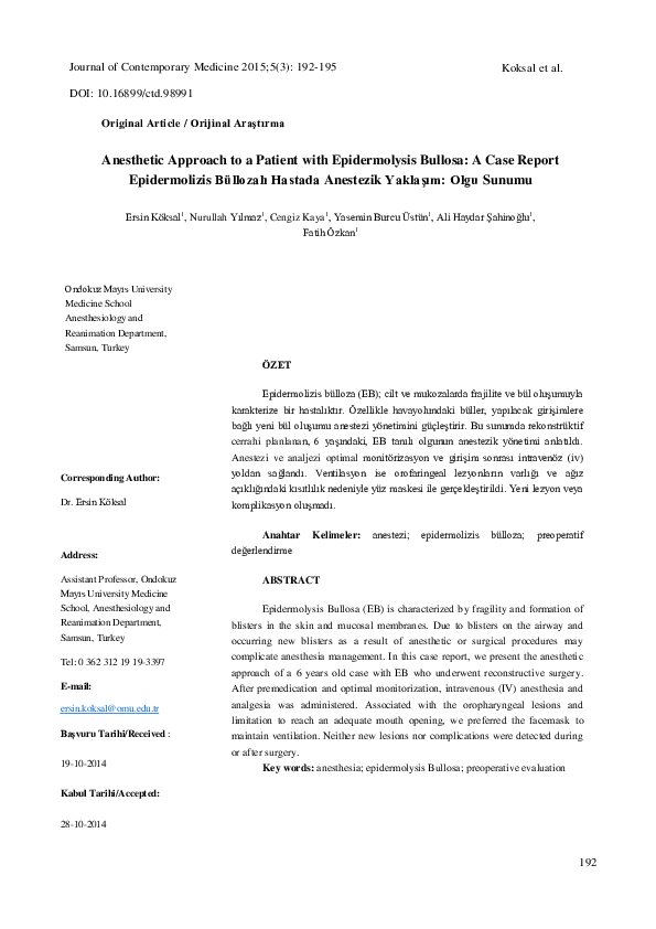 (PDF) Anesthetic Approach to a Patient with Epidermolysis Bullosa: A ...