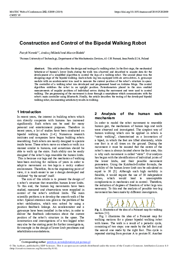 (PDF) Construction and Control of the Bipedal Walking Robot