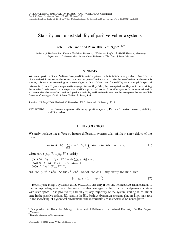 (PDF) Stability and robust stability of positive Volterra systems