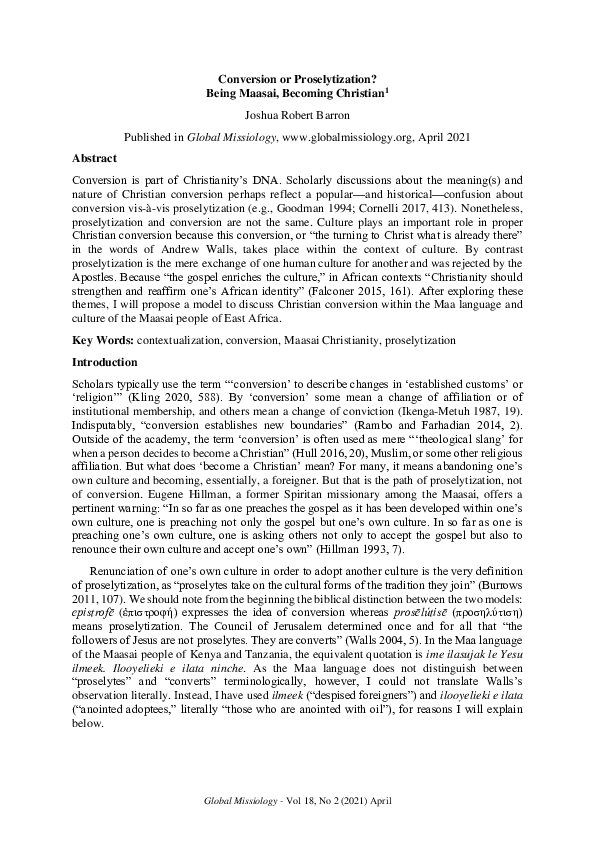 (PDF) Conversion or Proselytization? Being Maasai, Becoming Christian