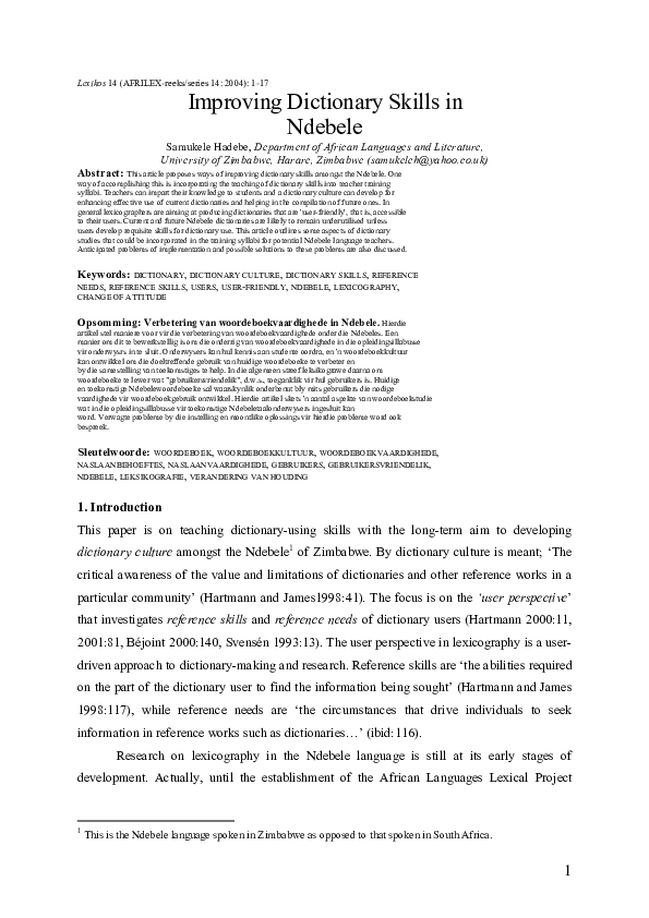 (PDF) Improving dictionary skills in Ndebele Samukele Hadebe