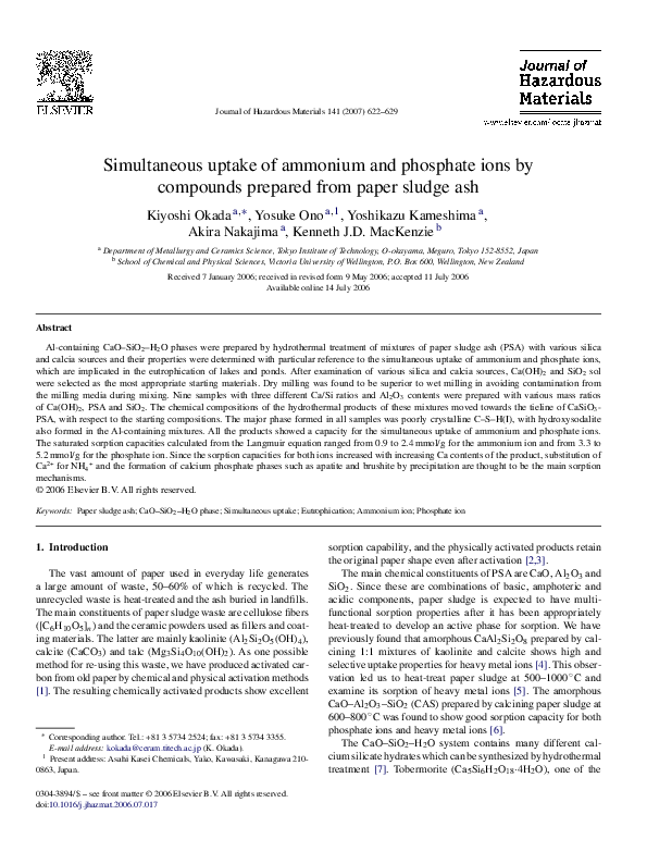 (PDF) Simultaneous uptake of ammonium and phosphate ions by compounds ...