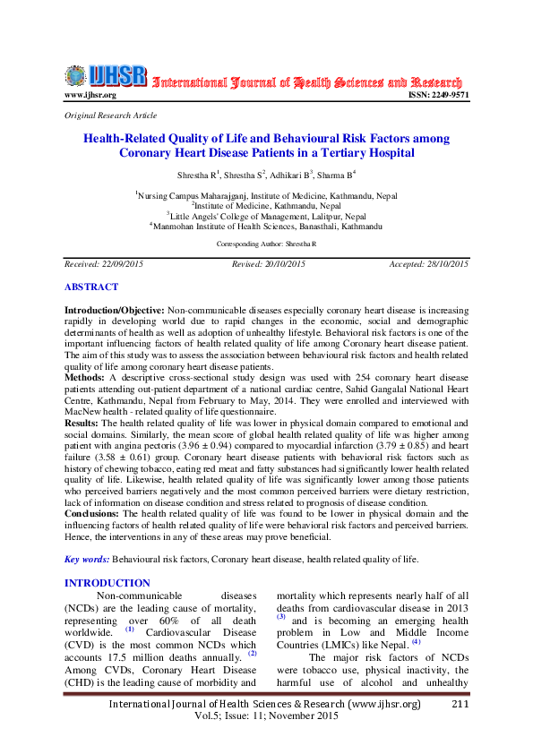 (PDF) Health Related Quality of Life and Behavioral Risk Factors among ...