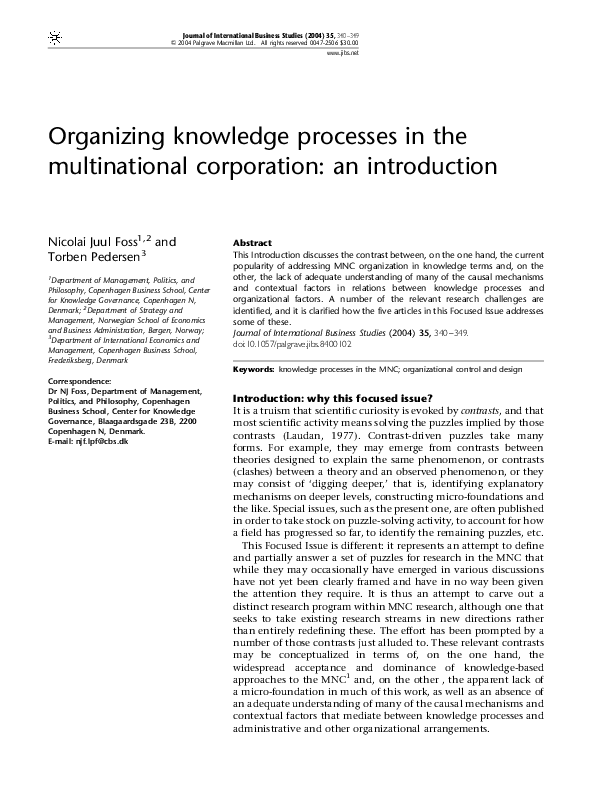 (PDF) Organizing knowledge processes in the multinational corporation ...