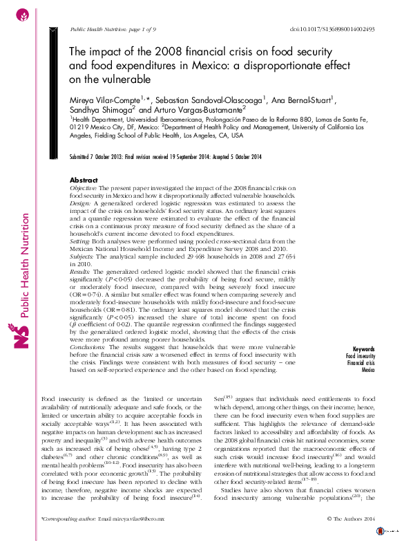 (PDF) The impact of the 2008 financial crisis on food security and food ...