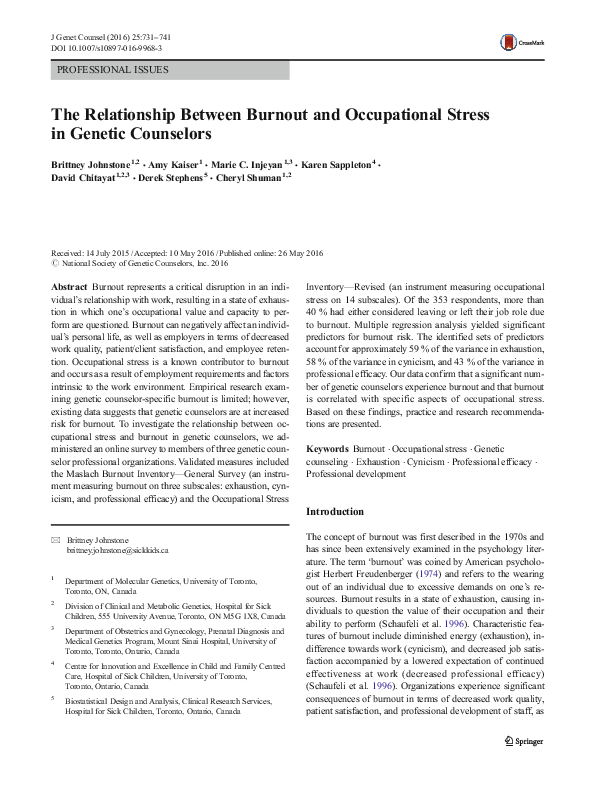 (PDF) The Relationship Between Burnout and Occupational Stress in ...