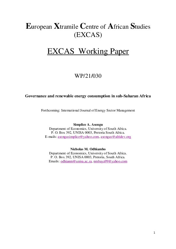 Pdf Governance And Renewable Energy Consumption In Sub Saharan Africa Simplice Asongu Phd Academia Edu