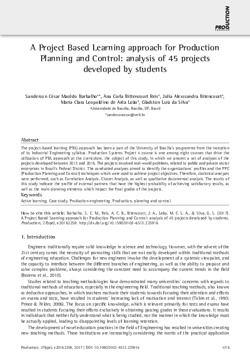 (PDF) A Project Based Learning approach for Production Planning and ...