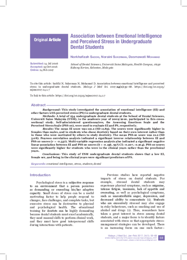 Pdf Association Between Emotional Intelligence And Perceived Stress In Undergraduate Dental Students Qaiser Suleman Academia Edu Pdf Association Between Emotional Intelligence And Perceived Stress In Undergraduate Dental Students Qaiser Suleman Academia Edu