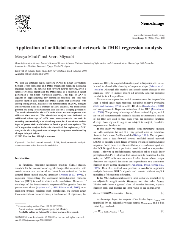 (PDF) Application of artificial neural network to fMRI regression analysis