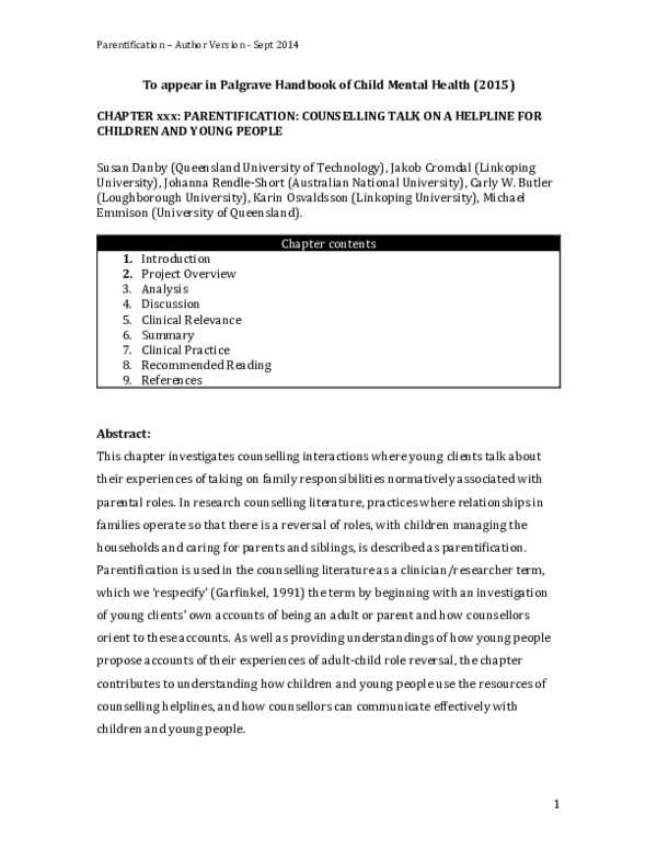 (PDF) Parentification: Counselling Talk on a Helpline for Children and ...
