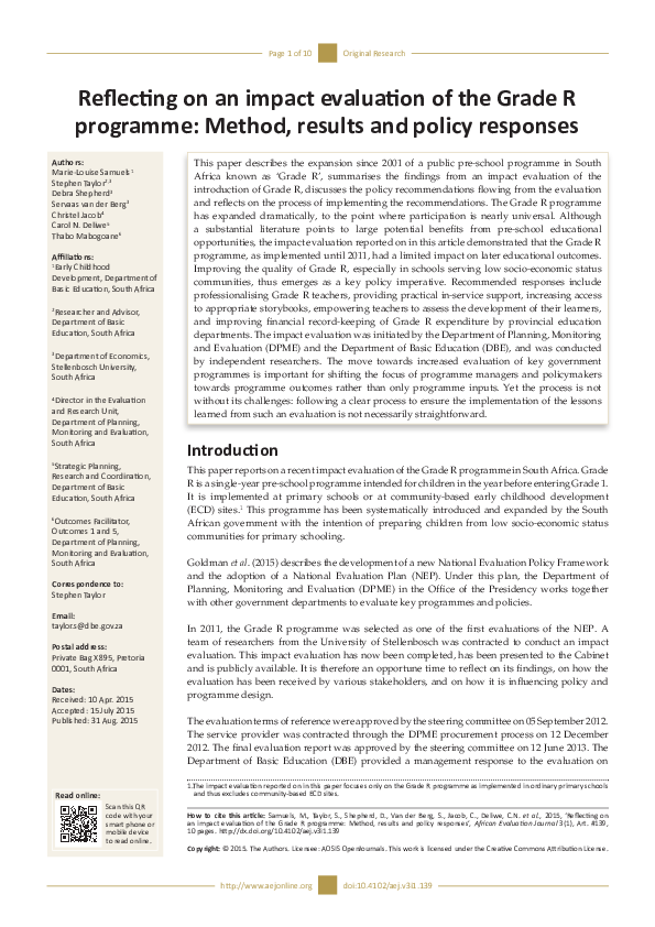 (PDF) Reflecting on an impact evaluation of the Grade R programme ...