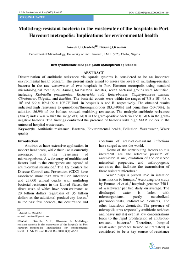 (PDF) Multidrugresistant bacteria in the wastewater of the hospitals