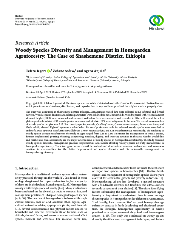 (PDF) Woody Species Diversity and Management in Homegarden Agroforestry ...