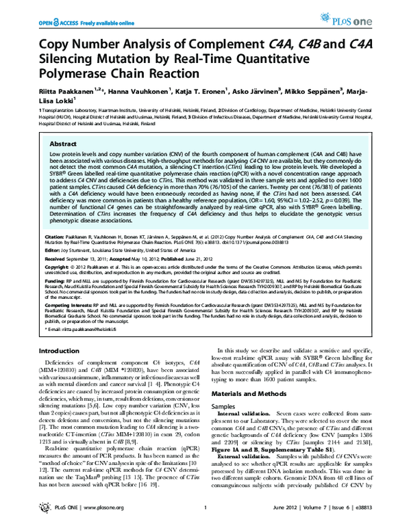 (PDF) Copy Number Analysis of Complement C4A, C4B and C4A Silencing ...
