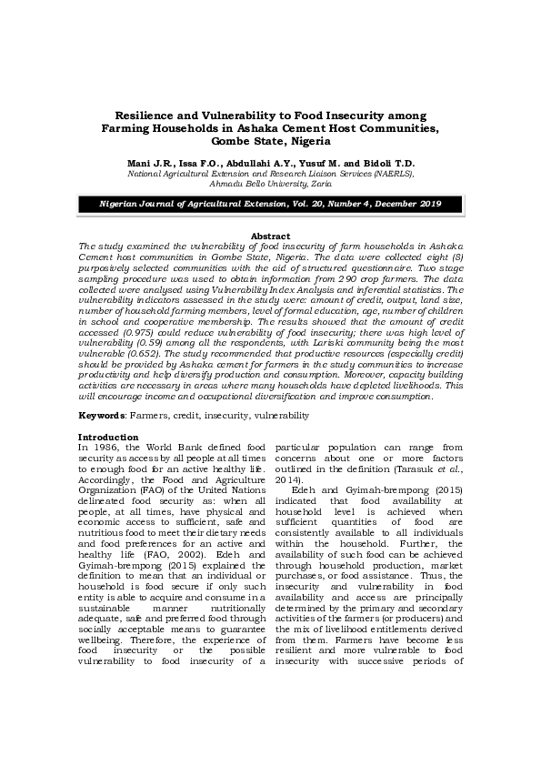 (PDF) Resilience and Vulnerability to Food Insecurity among Farming ...