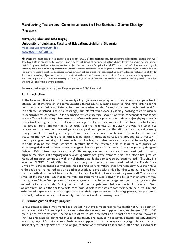 (PDF) Achieving Teacher's Competencies in the Serious Games Design Process