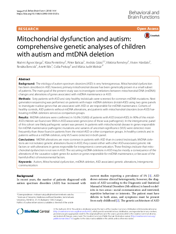 (PDF) Mitochondrial dysfunction and autism: comprehensive genetic ...