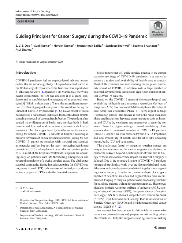 (PDF) Guiding Principles for Cancer Surgery during the COVID-19 Pandemic