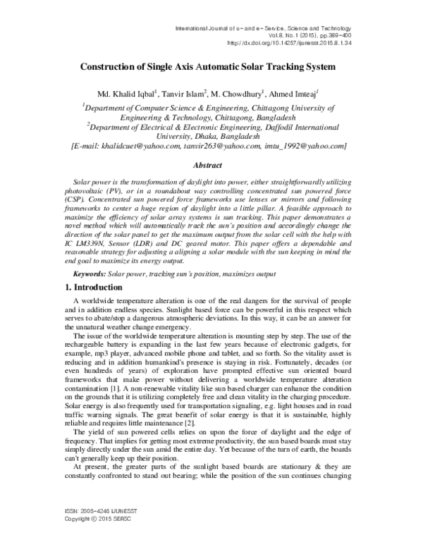 (PDF) Construction of Single Axis Automatic Solar Tracking System