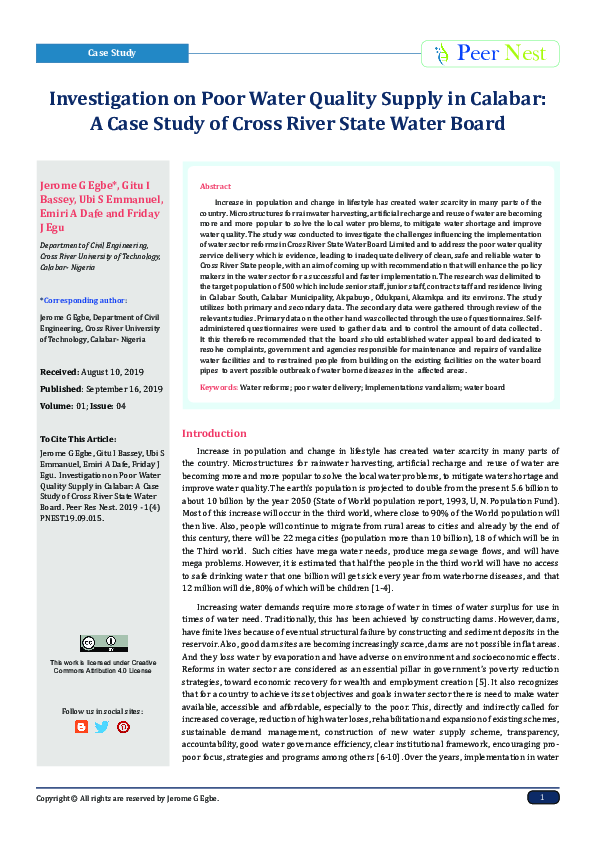 (PDF) Investigation on Poor Water Quality Supply in Calabar: A Case ...