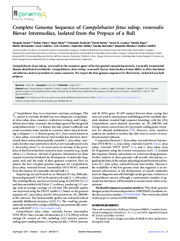 (PDF) Complete Genome Sequence of Campylobacter fetus subsp. venerealis ...