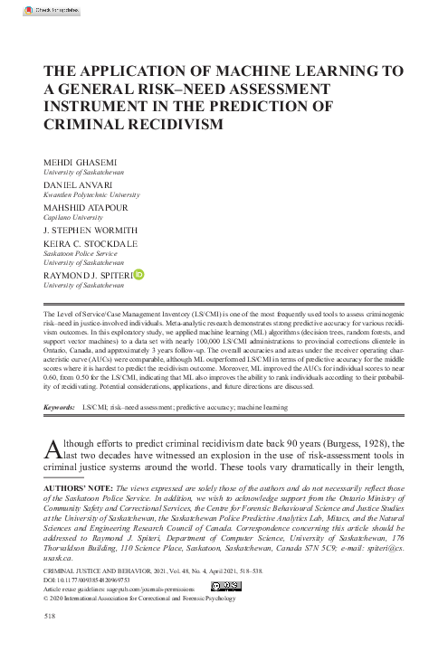 (PDF) The Application of Machine Learning to a General Risk–Need ...