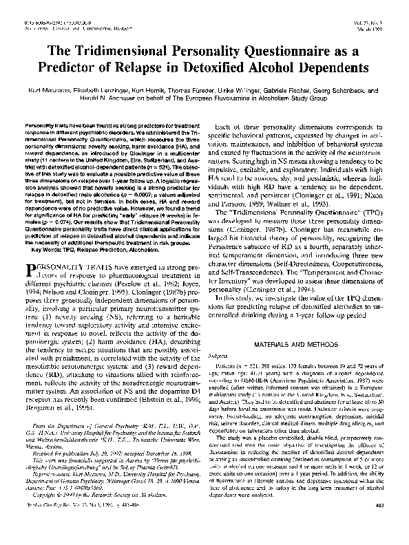 (PDF) The Tridimensional Personality Questionnaire as a Predictor of ...