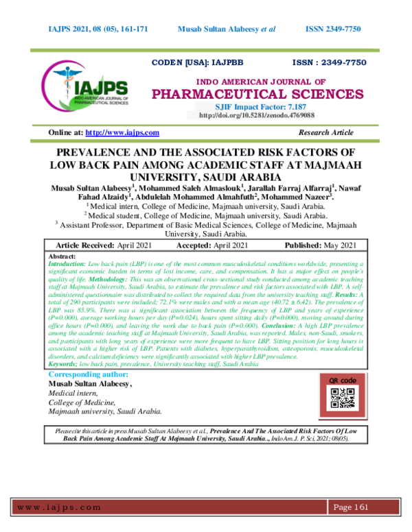 (PDF) PREVALENCE AND THE ASSOCIATED RISK FACTORS OF LOW BACK PAIN AMONG ...