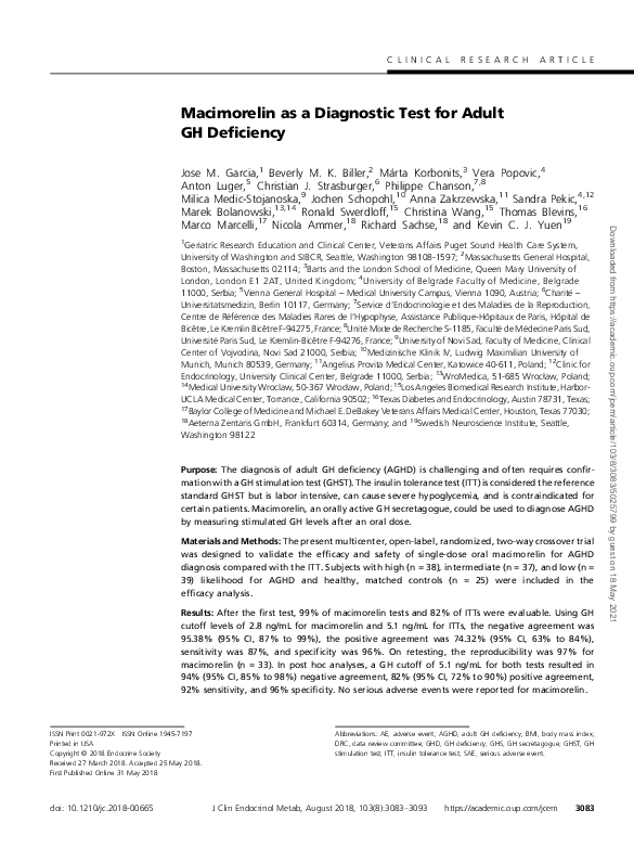 (PDF) Macimorelin as a Diagnostic Test for Adult Growth Hormone Deficiency