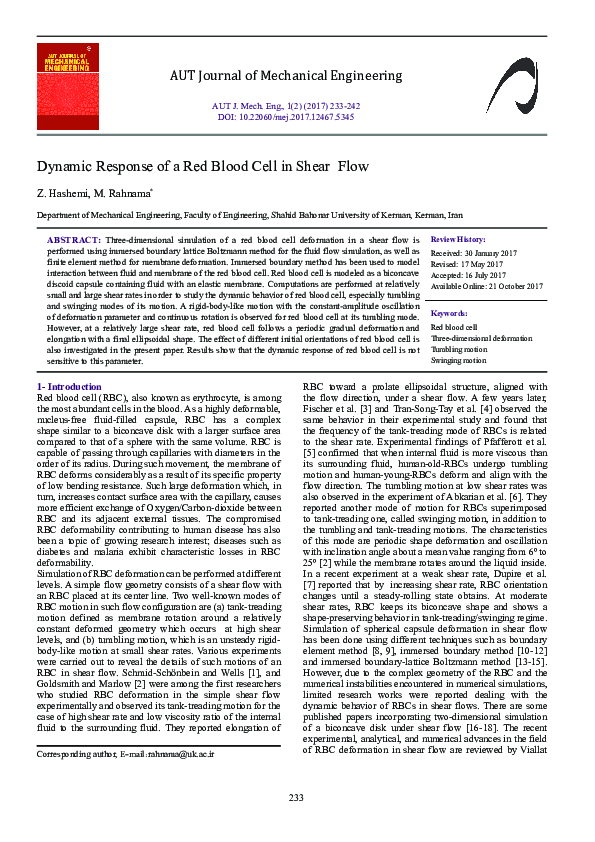 (PDF) Dynamic Response of a Red Blood Cell in Shear Flow