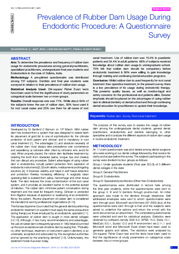 (PDF) Prevalence of Rubber Dam Usage during Endodontic Procedure A