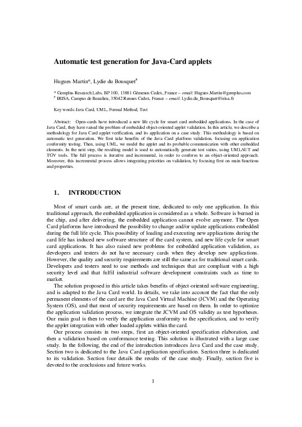 (PDF) Automatic Test Generation for Java Card Applets