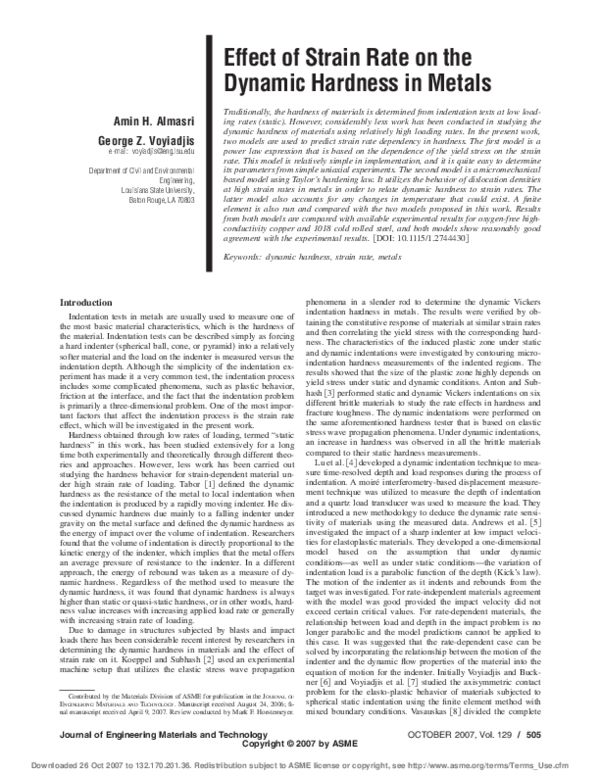 (PDF) Effect of Strain Rate on the Dynamic Hardness in Metals