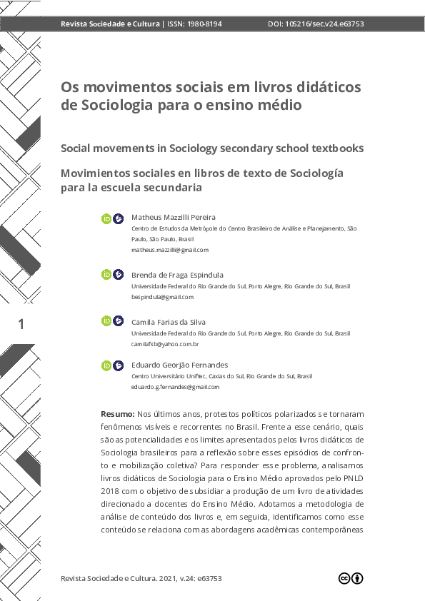 (PDF) Os Movimentos Sociais em Livros Didáticos de Sociologia para o ...