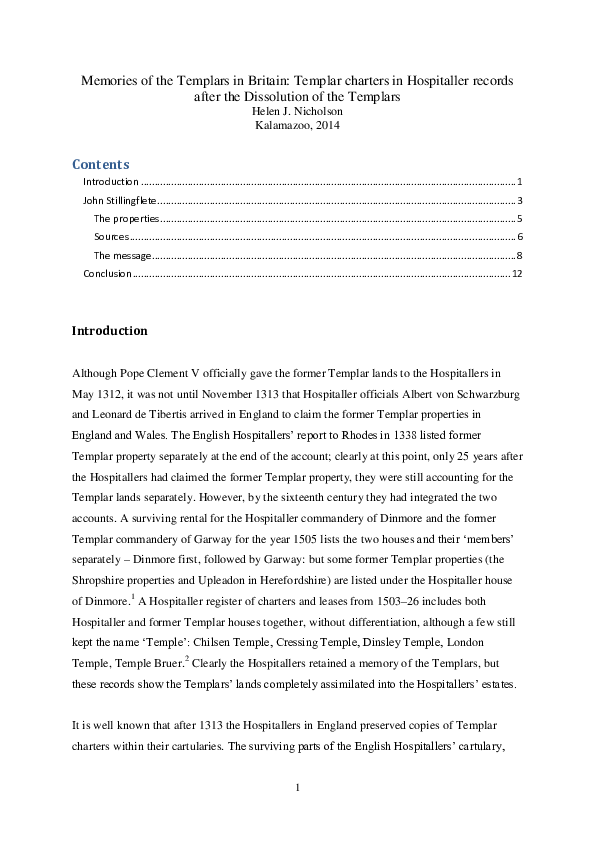 Memories of the Templars in Britain: Templar charters in Hospitaller records after the Dissolution of the Templars